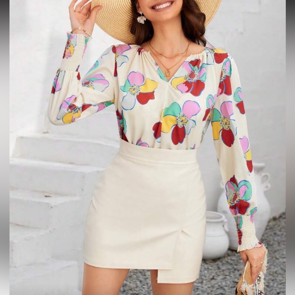 Boho Floral Print Long Sleeve Top Blouse Shirt
